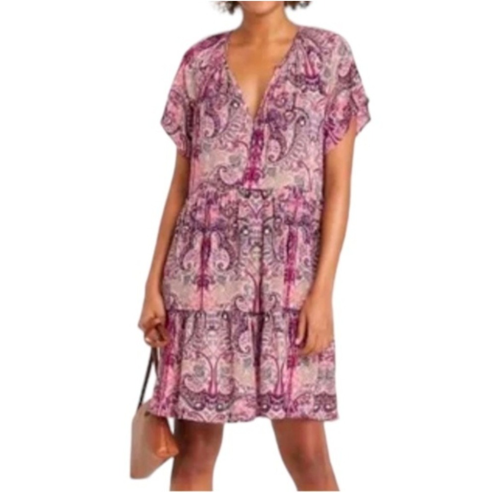 NWT Knox Rose Pink Purple Paisley Tiered Midi Dress V-Neck Flutter Sleeve XL
